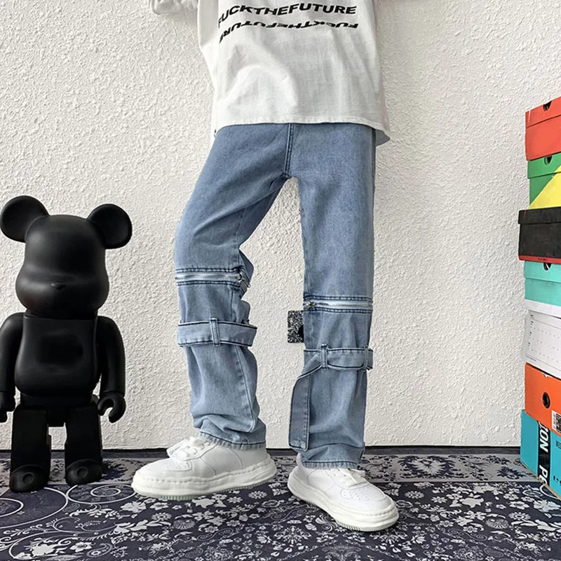 Detachable Baggy Jeans Men Straight Wide Pants Fashion High Street Hip Hop Blue Denim Trousers Oversize Bottoms Male Y2K Clothes
