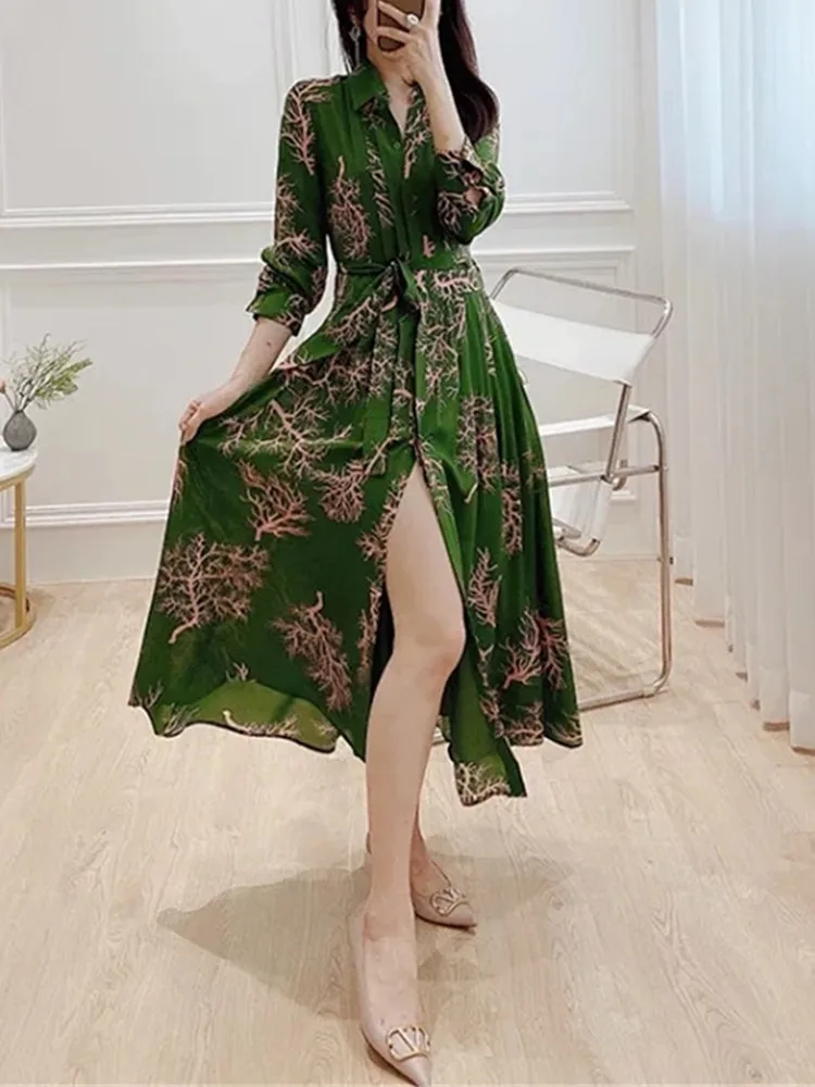 Women Plant Print Midi Dress With Sash 2022 New Turn-Down Collar Long Sleeve Lady Single-Breasted Belted Green Slit Long Robes