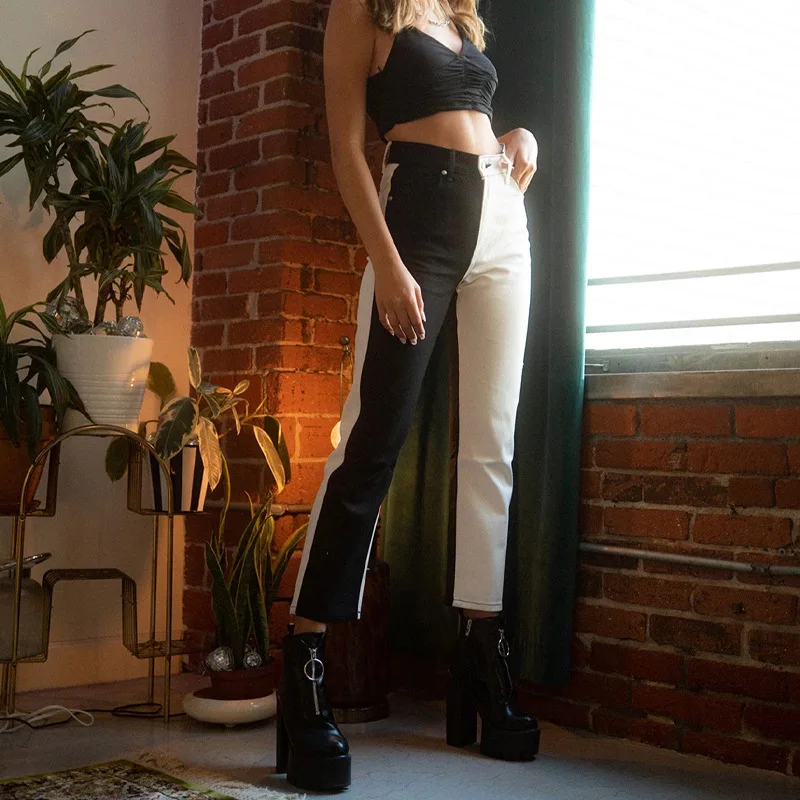 

2022 New Summer Women's Fashion Elastic Contrast Straight High Waist Jeans WF01