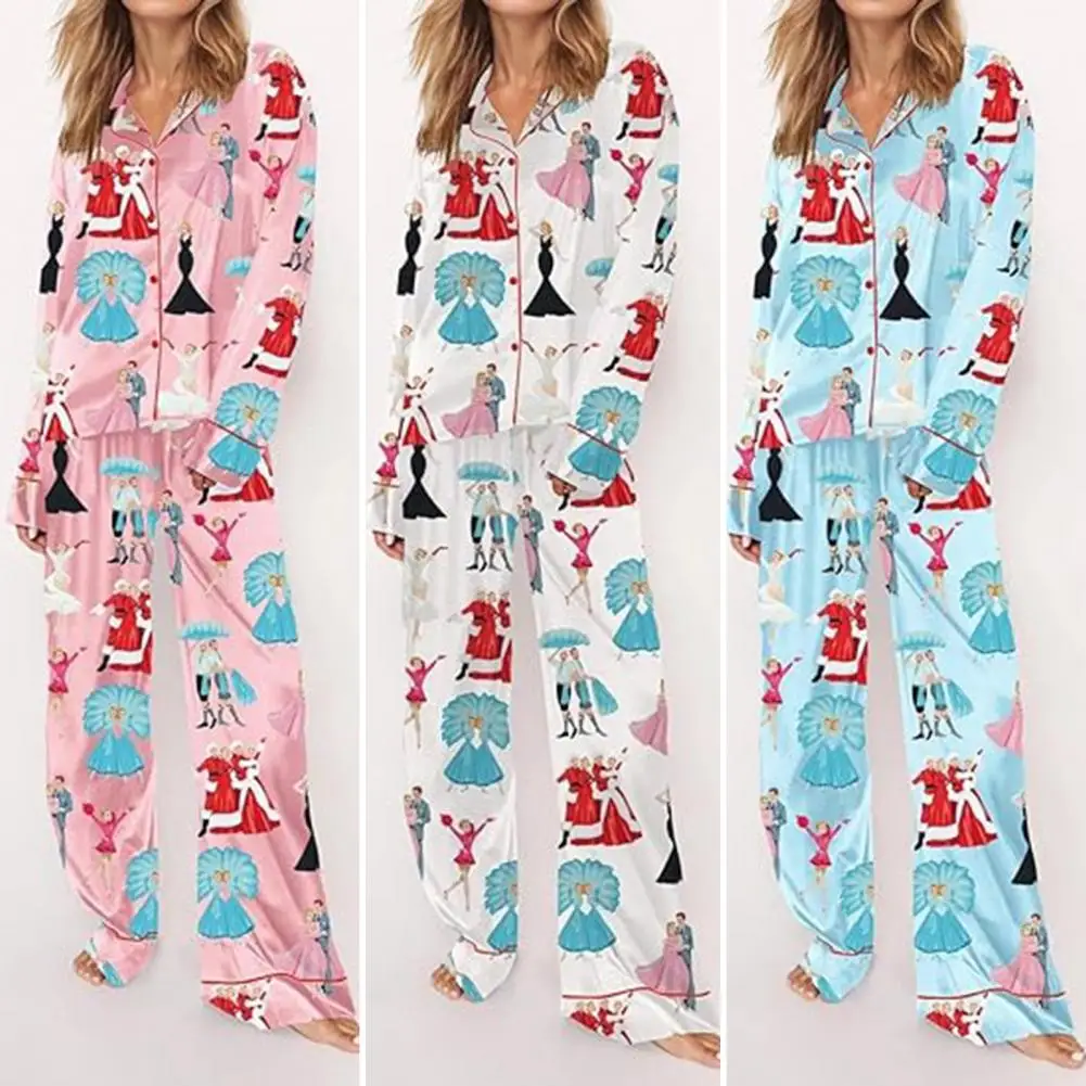 Рождественские пижамы с отложным воротником и длинными рукавами атласный