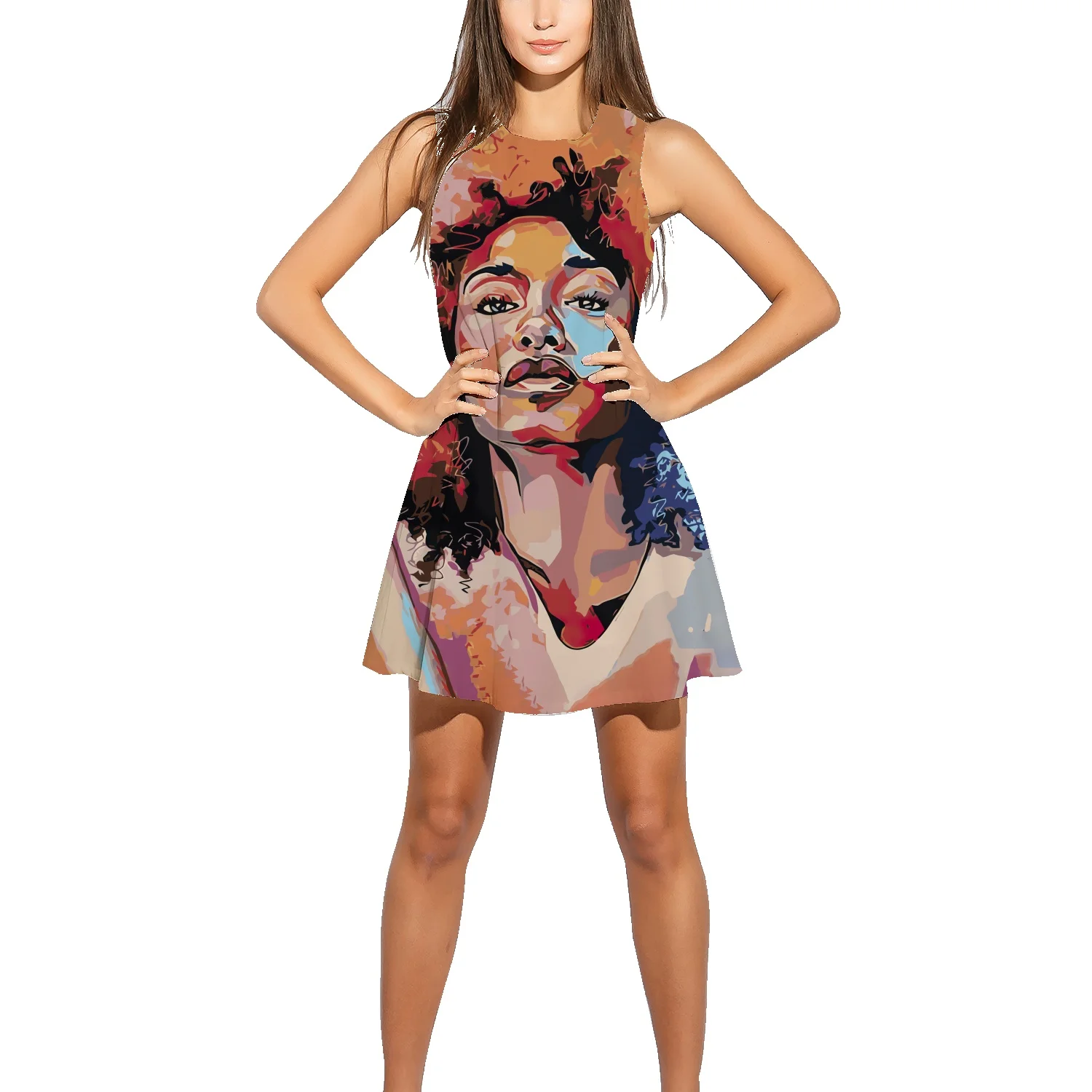 

Character cartoon comic head hand-painted 3D print high street women's sleeveless skirt round neck oversize A-line cotton dress