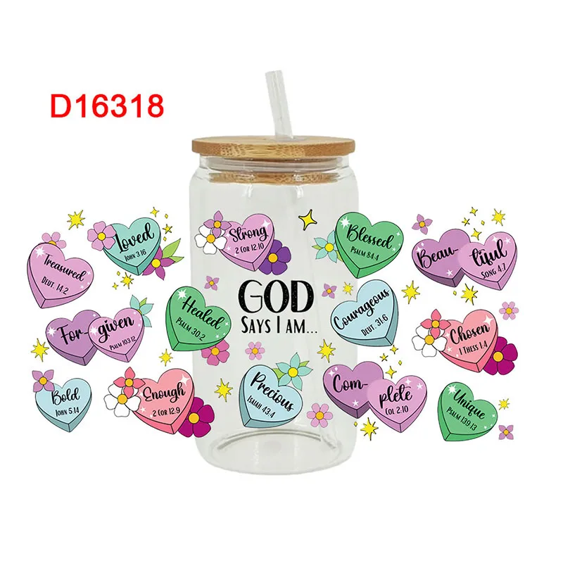 

3D УФ-переносные наклейки DTF, обертывания для чашек на 16 унций, с принтом «Бог веры» для DIY, стекла, керамики, металла, кожи и т. д. Д13950