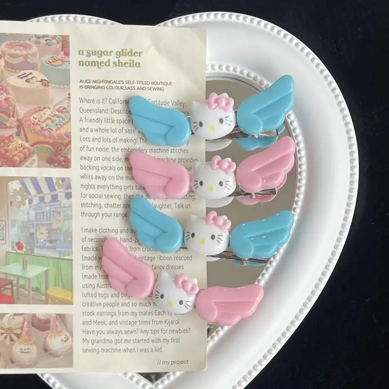 

2Pcs Kawaii Sanrios HelloKittys Cartoon Hairpin Cute Wings Acrylic Cat Hair Accessories Student Bangs Clip Baby Girls Gift