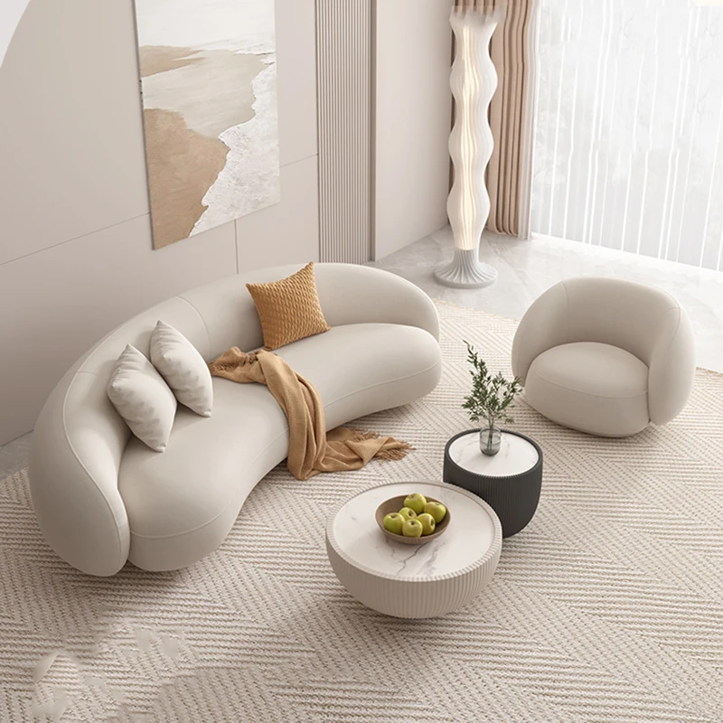 

Living Room Stretch Sofa 3 Seater Foam Sponge Modern Curved Couch Wooden Scratch Protector White Divani Soggiorno Home Furniture