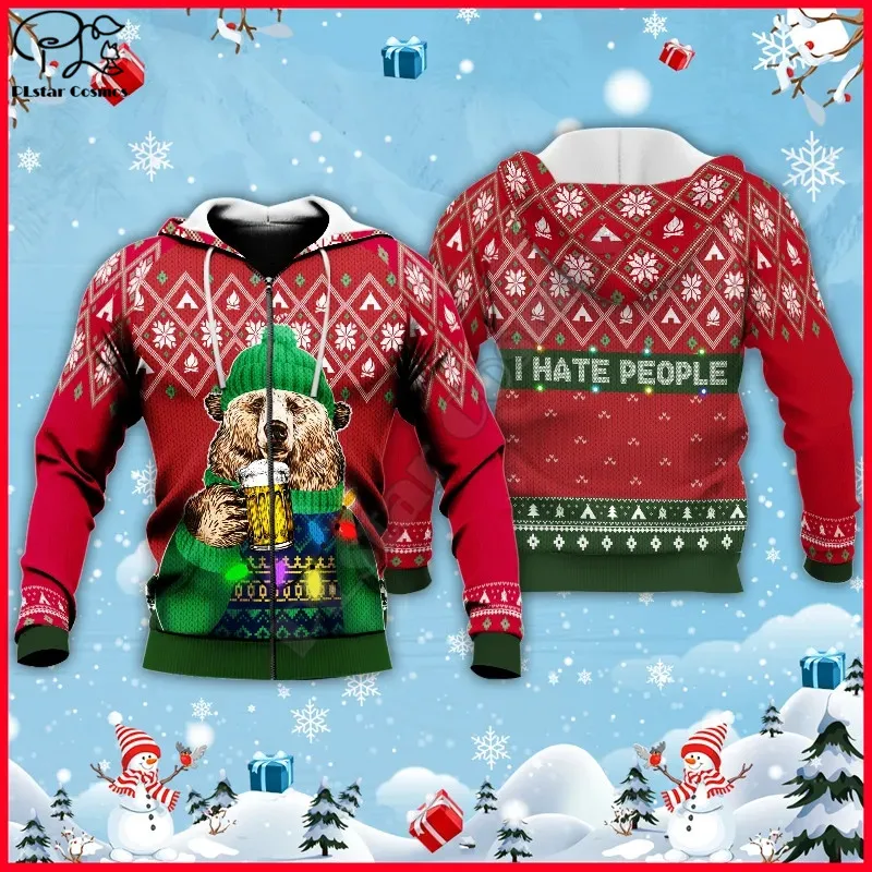3D Printed Christmas Bear I Hate People Light Up Camping Knitting Pattern Streetwear Unisex Casual Hoodies/Sweatshirt/Zip images - 2