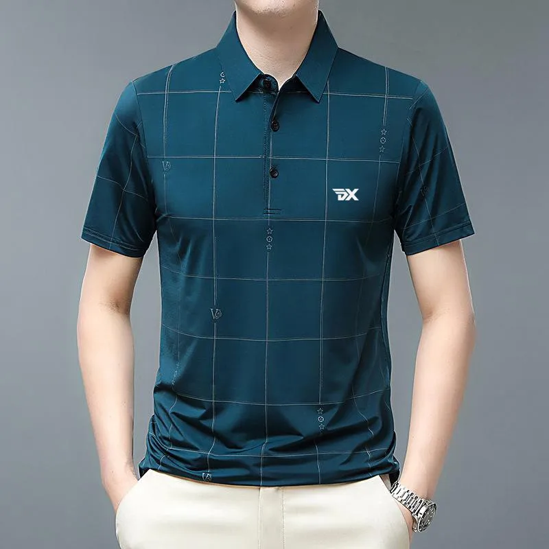 Golf men's summer ice polo shirt casual business short sleeved T-shirt plaid pattern sports men's clothing