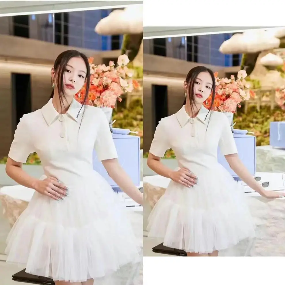 

Kpop Jennie Korean Summer New Fashion Mesh Splice Polo Collar Dress Women Streetwear Sexy High Waist Short Sleeve Shirt Dresses