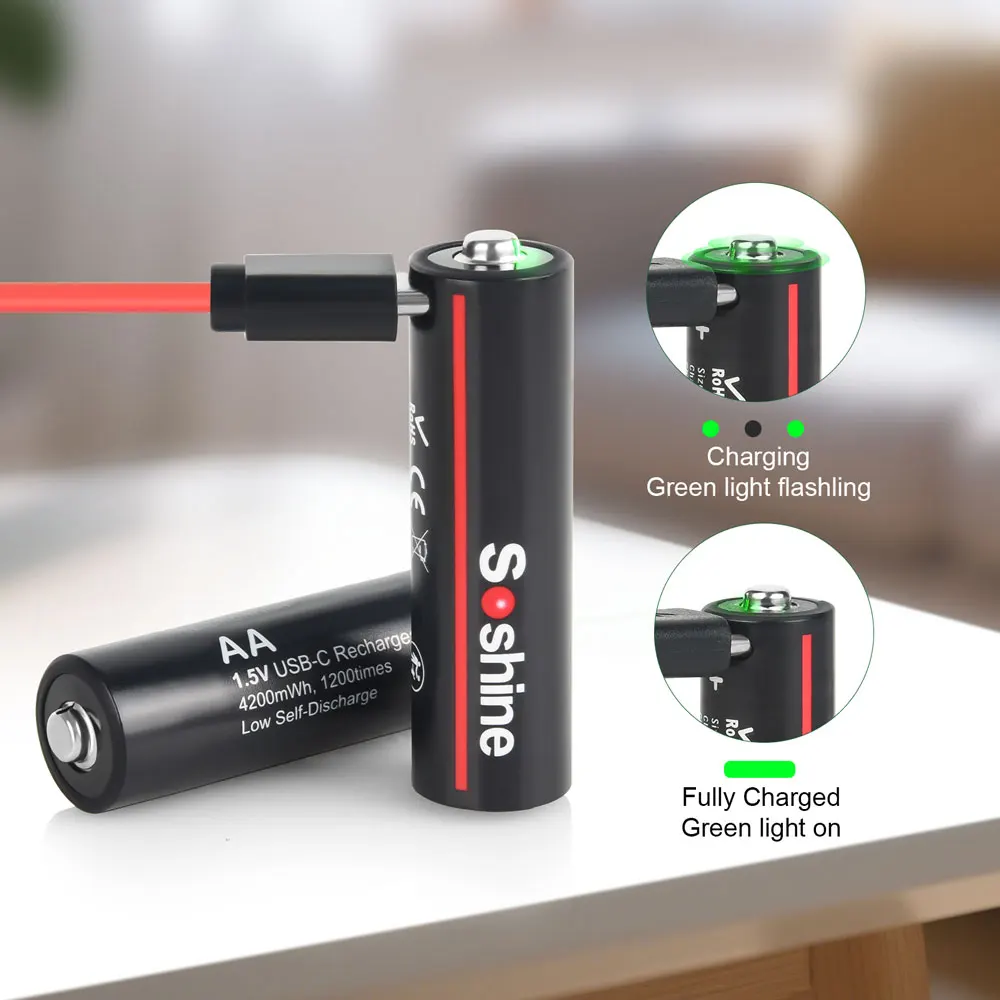 Фото Soshine 1,5 В 4200 МВтч AA аккумуляторная батарея высшего емкости USB Type-C Aa литий-ионная батарея для умного дверного замка с дистанционным управлением №2