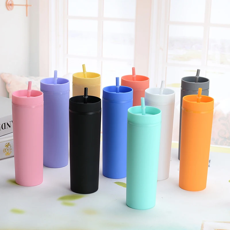 Double Layer Plastic Straight Cup Dropshipping Double Wall Reusable 473Ml 480Ml 500Ml 16Oz Plastic Skinny Tumbler Double Wall