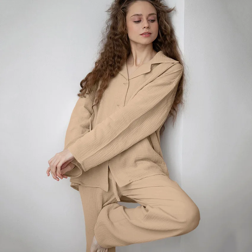 Khaki Pajamas Set Womens Cotton 2 Piece Set Loose Long Sleeve Loose Pajamas Casual Sleepwear Female Home Suits