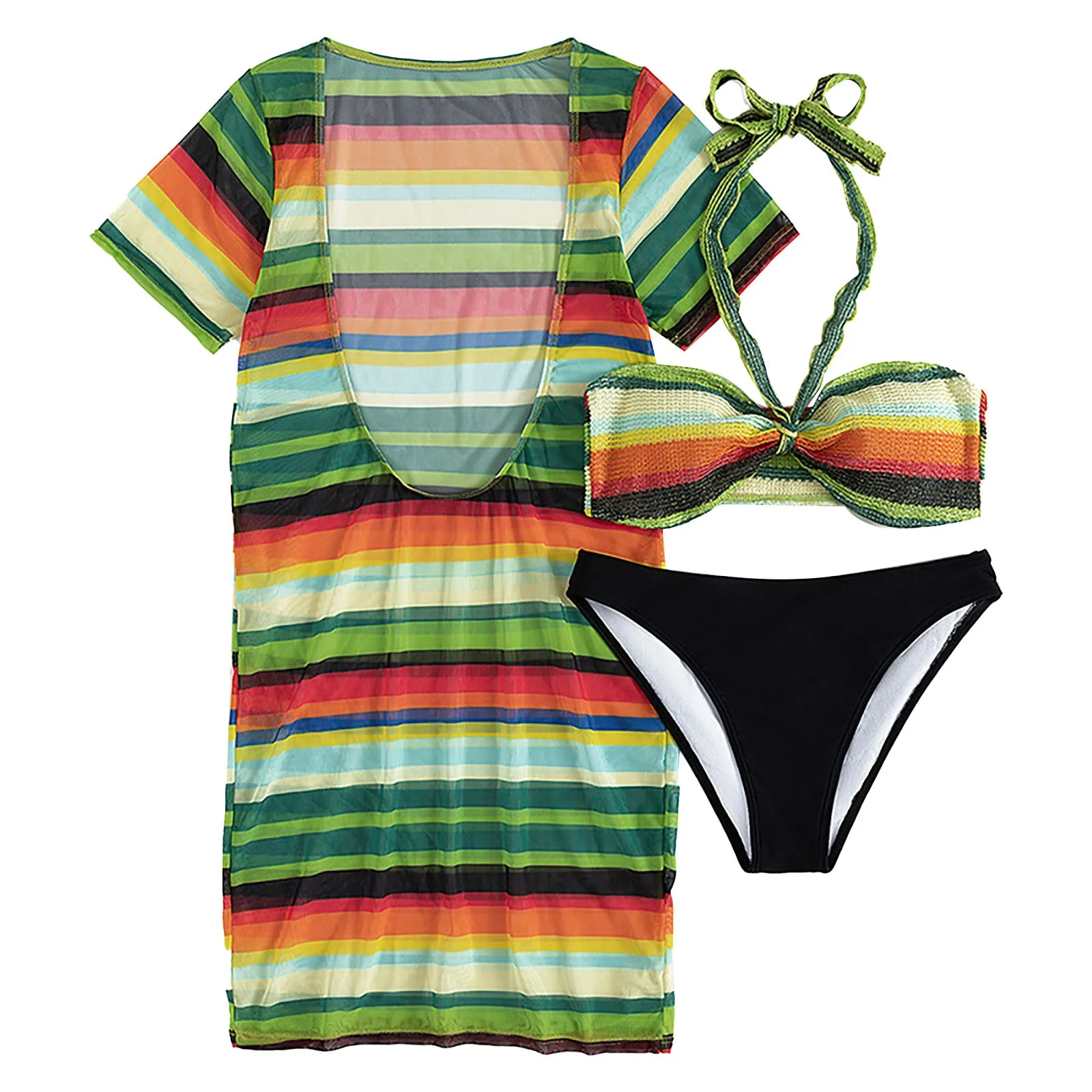 

Черный женский купальный топ, женский купальный костюм из 3 предметов, купальный костюм в полоску с разрезом и высокой талией, пикантное бик...