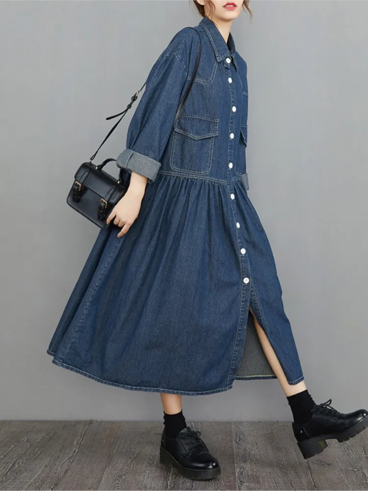 Джинсовое осеннее длинное платье-рубашка большого размера женское