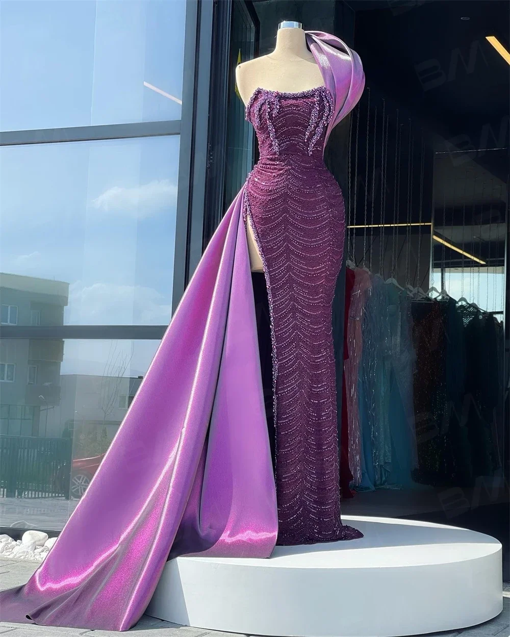 

Fashion Purple One Shoulder High Waist Side High Split Mermaid Evening Dress Women's Formal Occasion Prom Commercial Party
