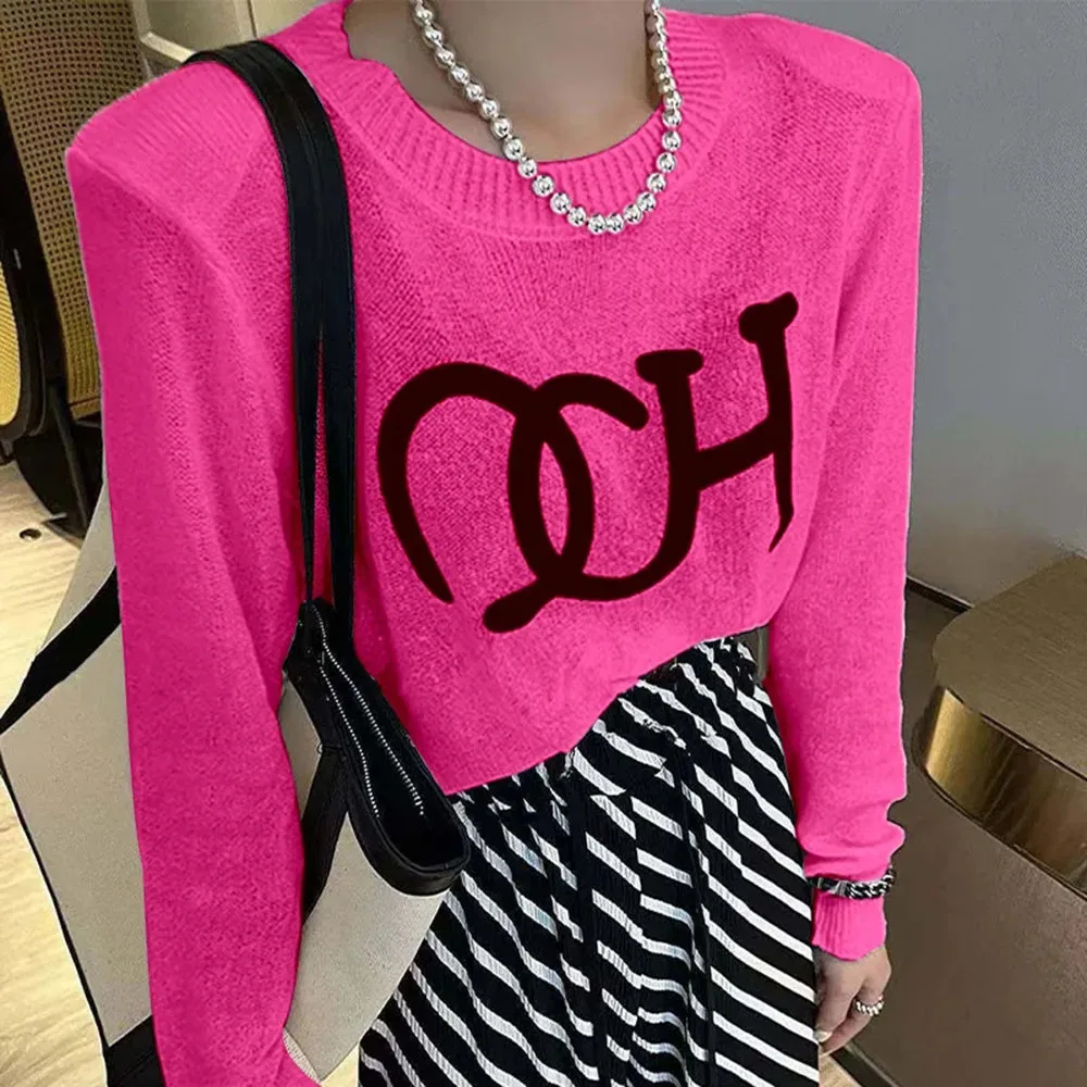 

Casual Shoulder Pad Jumper Women Knits Thin Sweater Long Sleeve Round Neck Pullover Printed Korea Style Ladies Top Chic Knitwear