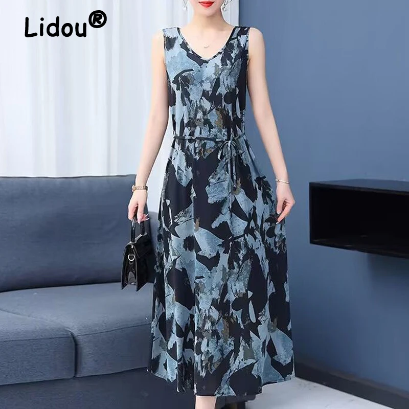 

Women Summer V Neck Sleeveless Lace Up Party Dresses Fashion Vintage Boho Print Slim High Waist Beach Midi Dress Elegant Vestido