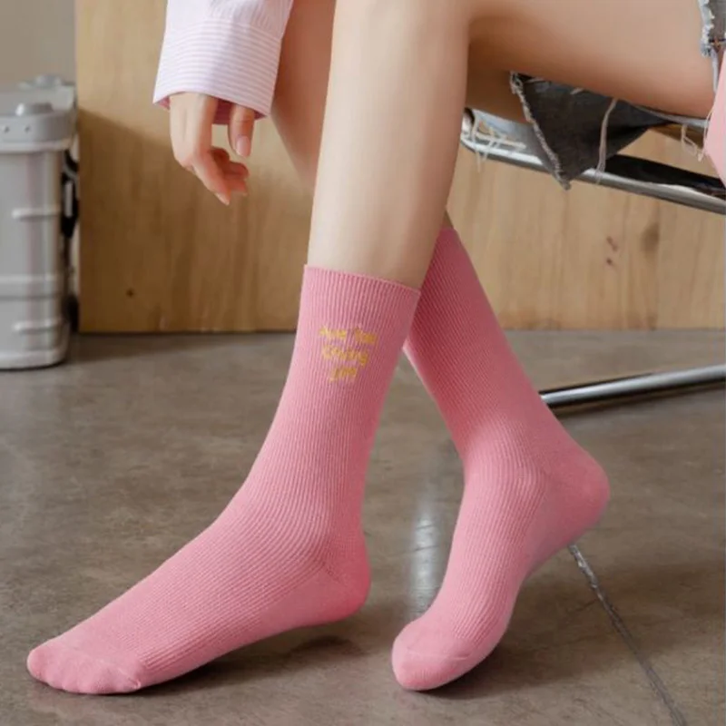 10 Pair Street Style Middle Tube Socks Women Digital Embroidery Kawaii Winter Long Cotton Socks Comfortable Fashion Calze Donna