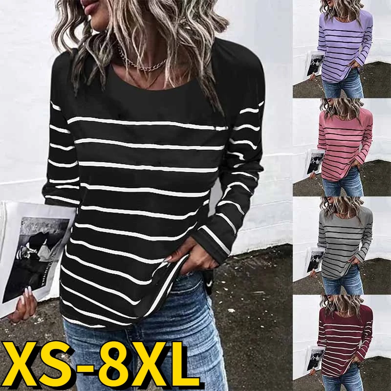 2022 Autumn Winter Female Stripe Printing T-shirt Loose Top Sexy Long Sleeve Women's Everyday Vintage Pullover Round Neck Tops
