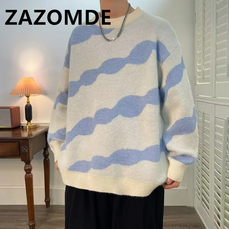 

Мужские свитера ZAZOMDE в стиле Харадзюку, модный мужской осенне-зимний Свободный Топ, Повседневные свитера, полосатый пуловер, свитшот, винтажные мужские топы