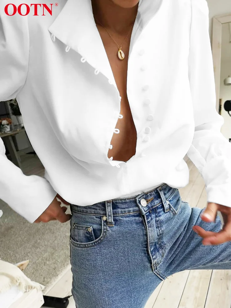 

OOTN Elegant Turtleneck White Woman Blouse Fashion Office Long Sleeve Shirts Female Single-Breasted Puff Sleeve Tops 2023 Spring