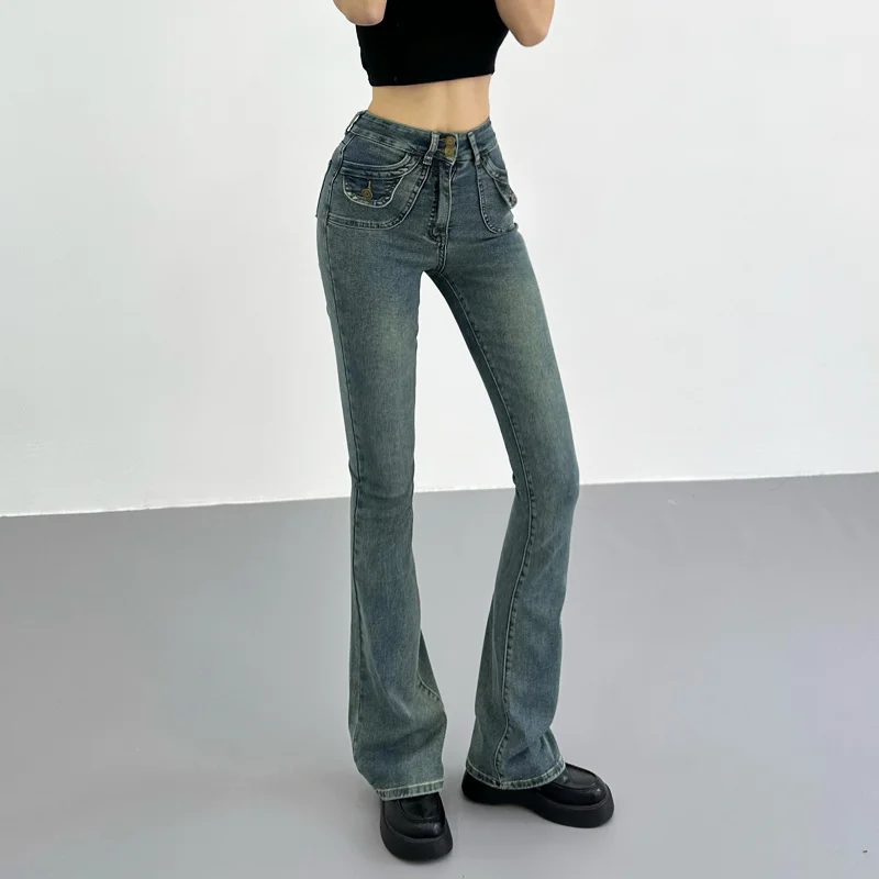 

Versatile Fashion TVVOVVIN Vintage Flare Jeans Women's High Waist Slim Fit Bag Elastic Washed Denim Floor Dragging Pants FZ8R