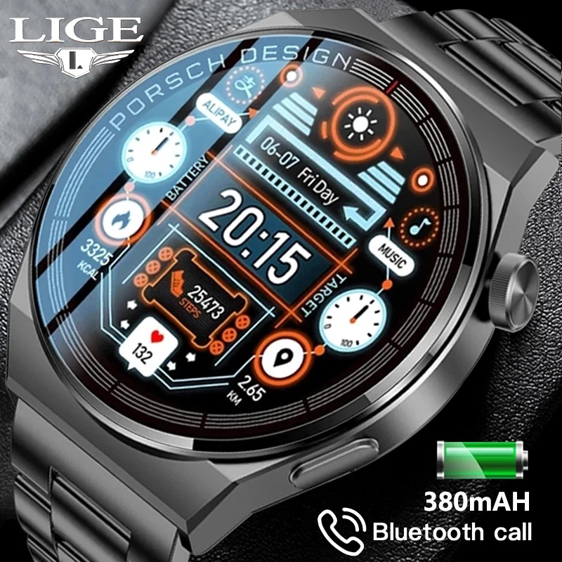 

LIGE New Smart Watch Men AMOLED 390*390 HD Screen Always Display Time Fitness Bracelet Waterproof Stainless Steel Smartwatch Men