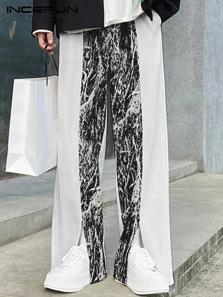 

INCERUN Fashion Men Pants Printed Patchwork Streetwear Loose Elastic Waist Split Hem Trousers Joggers 2022 Casual Pantalon S-5XL