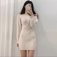 autumn sexy slim hollow open waist pullover knitted dress womans casual o neck twist mini wild long sleeve sweater vestido mujer