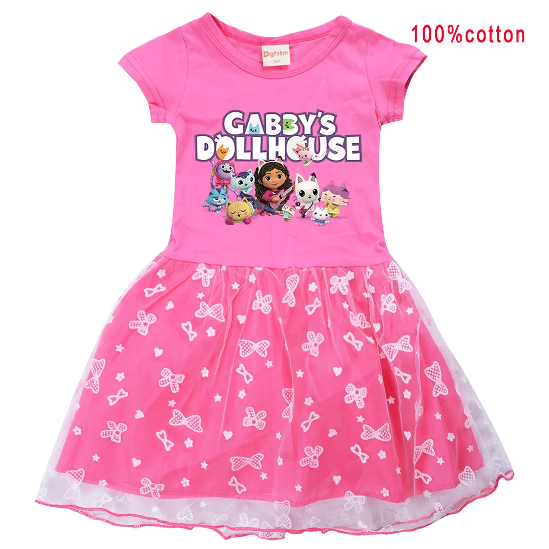 

Gabbys Dollhouse Summer Girls Kids T Shirt Colour Gauze Pleated Princess Patchwork Dress Baby Birthday party Child Clothes