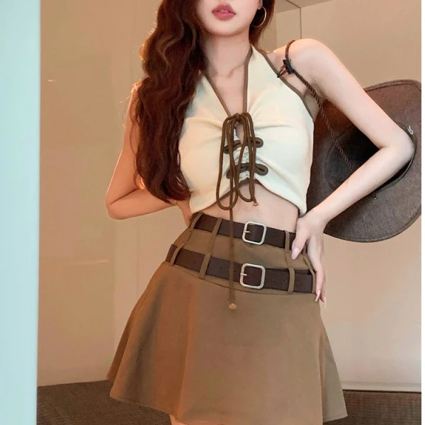 

Western-style Skirt Set Halter Neck Crop Top and High Waist Slim Skirt with Belt Sleeveless Vest Two Piece Set Outfits