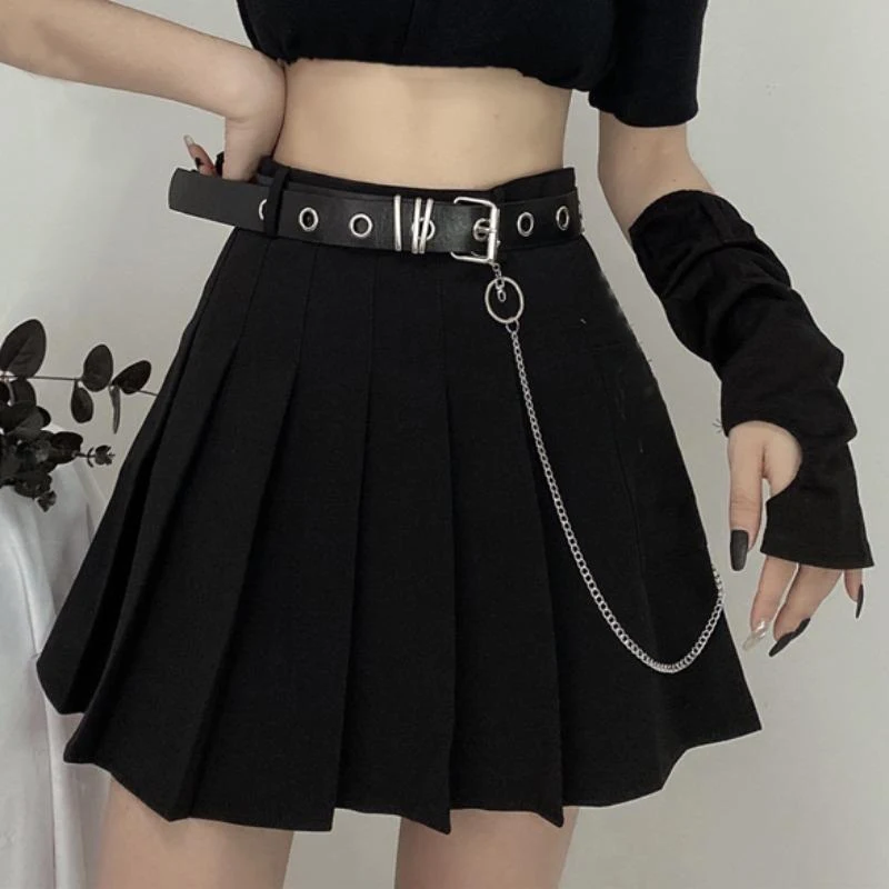 

Alt Black Skirt Girl Rock Women E-girl Mini Outfit With Cheerleading Chain-belt Skirt Pleated Belted Punk