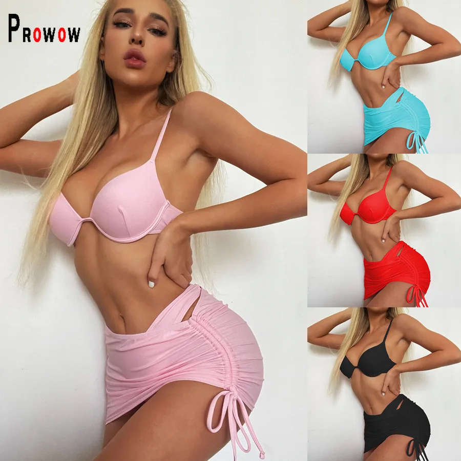 

Prowo Push Up Women Bikini Set Bra Panty Skirt Three Piece Bathing Suits 2023 New Summer Solid Color Female Beachwear Swimsuits
