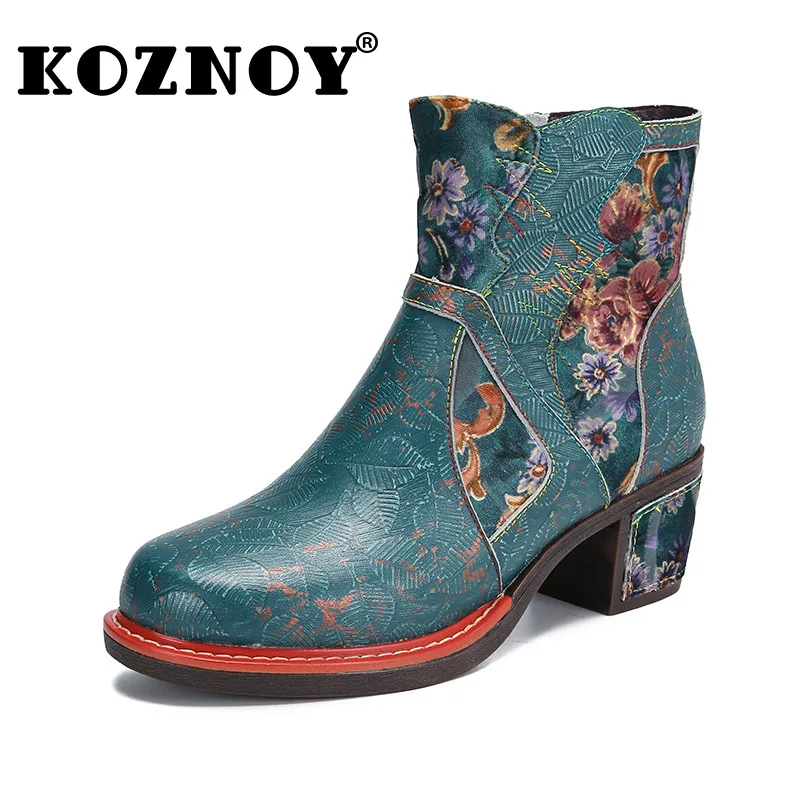 

Koznoy Boots Woman Winter 2023 5cm Print Genuine Leather Spring Autunm Comfy Warm Big Size Ankle Plush Ethnic Chunky Heel Shoes
