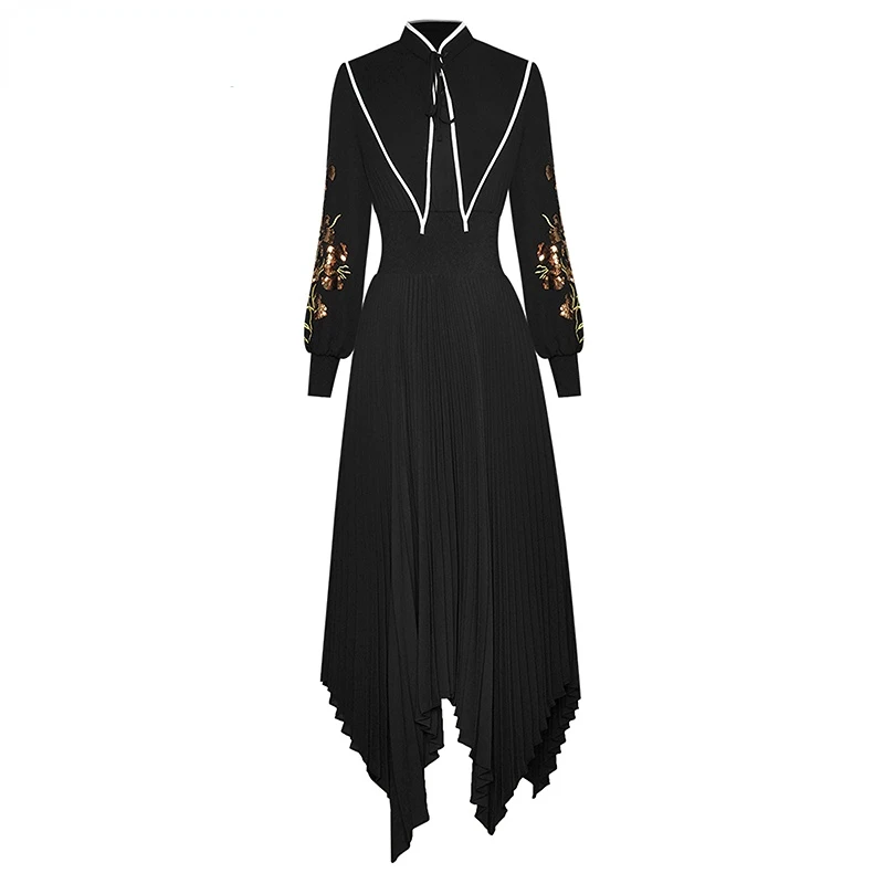 Dresses For Women 2023 Elegant High Quality Luxury Spring Stand Collar Lantern Sleeve Sequined Asymmetrical  Pleated Dress