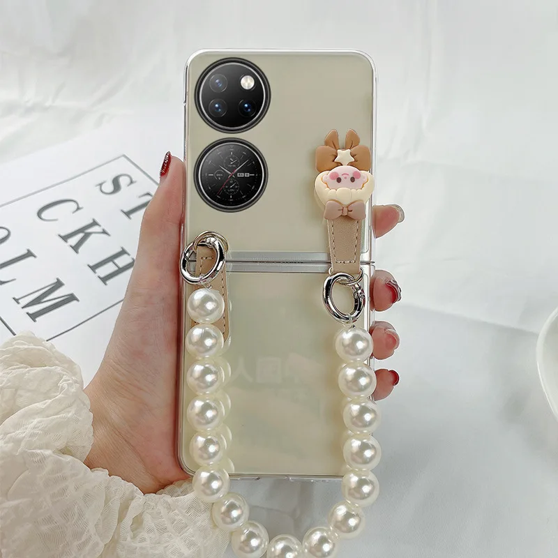 

Чехол с жемчужным браслетом для телефона Huawei P50 Карманный милый мультяшный прозрачный портативный ударопрочный чехол для HUAWEI P50 Coque