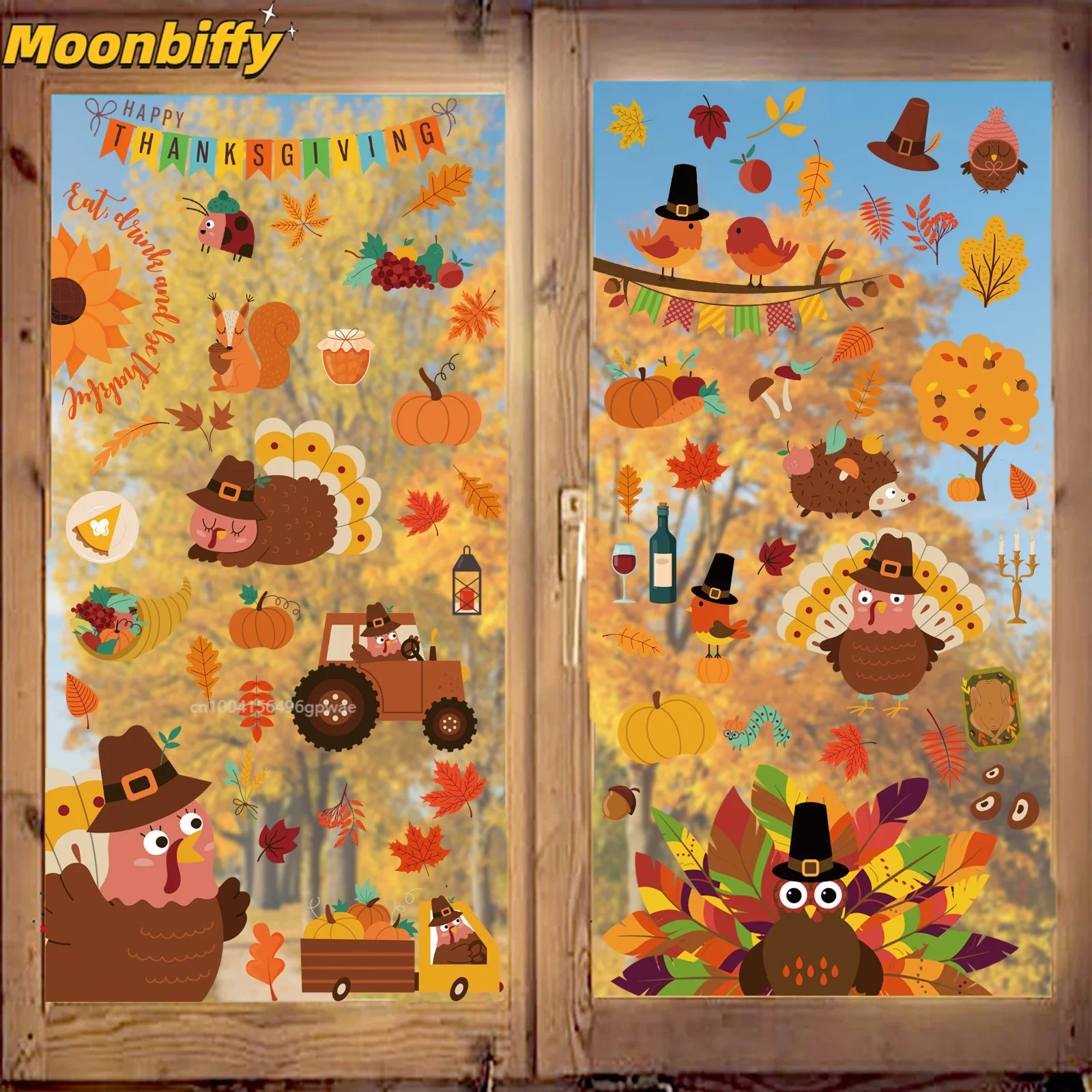 

2023 Autumn Thanksgiving DIY Decorations Electrostatic Window Decal Maple Leaf Turkey Window Glass Door and Window Decal