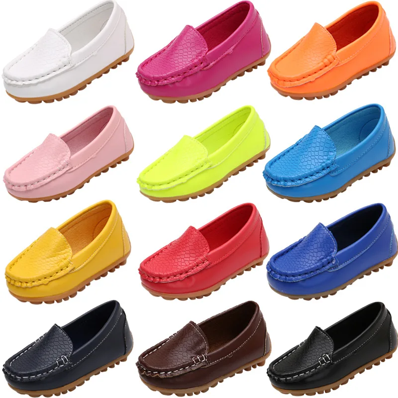 Zapatos planos de moda para niños, mocasines informales cómodos de cuero PU sin cordones para niños y niñas, mocasines de 10 colores, todos los tamaños
