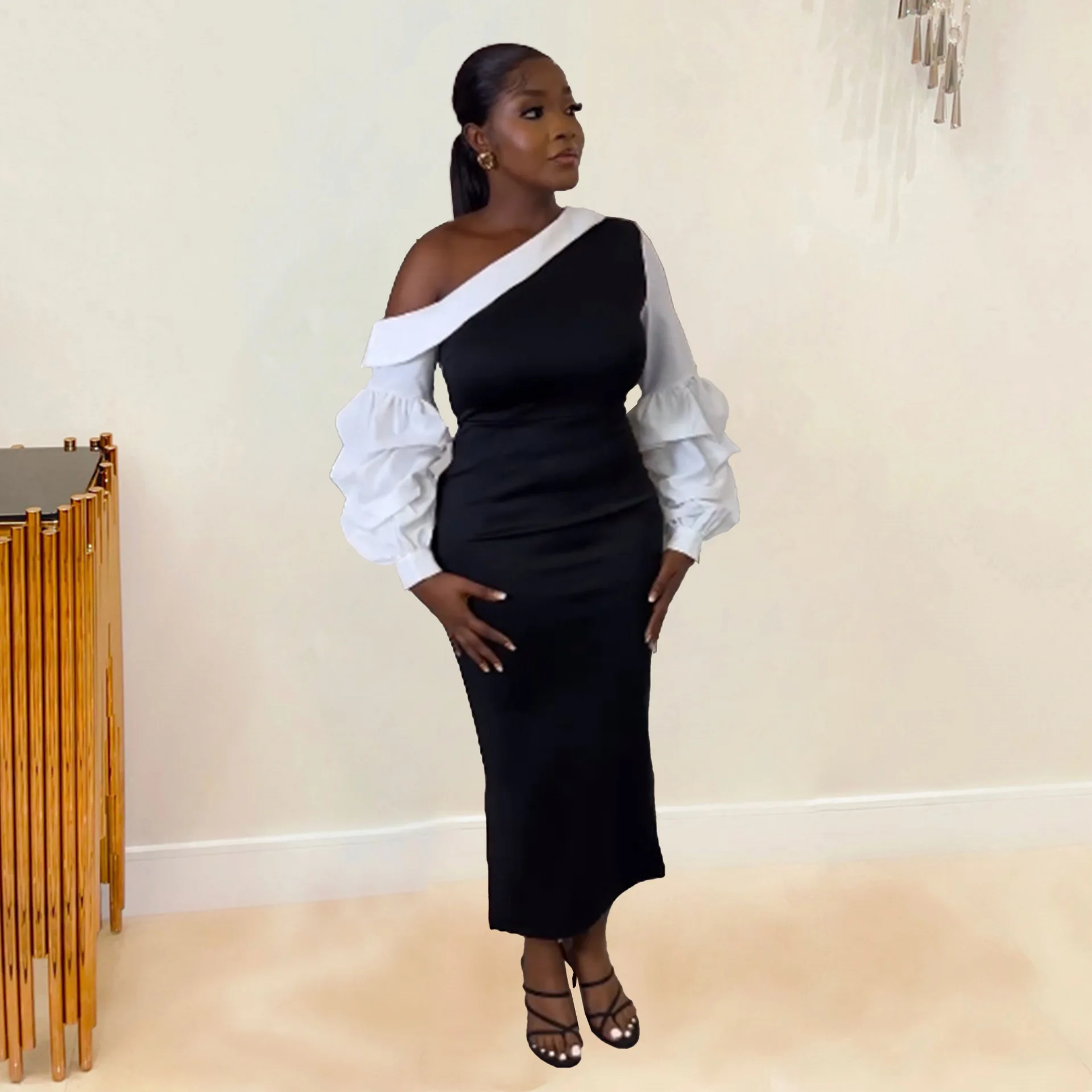 

Модное Длинное Платье Zoctuo, элегантное облегающее платье с косым плечом, рукавами-фонариками и разрезом, Офисная Женская одежда на осень