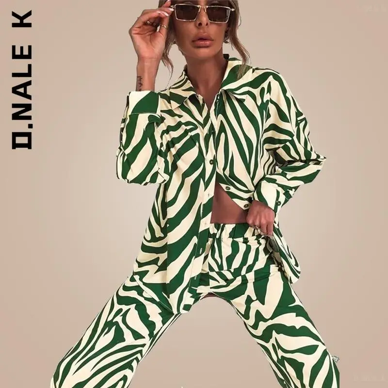 D.Nale K Summer Trouser Suits Loose Stripe Women Shirt Pants Two Piece Set Long Sleeve Top And Elastic High Waist Trousers Suit