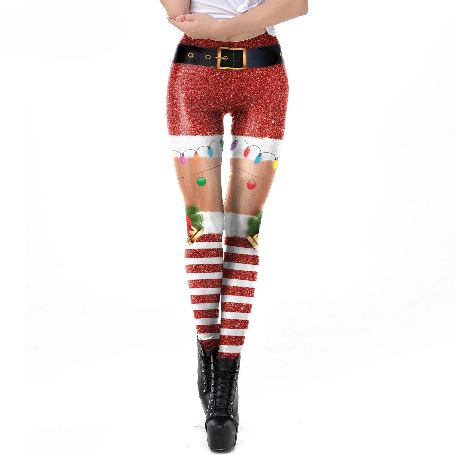 Рождественские леггинсы с поясом подарочные осенне-зимние праздничные женские