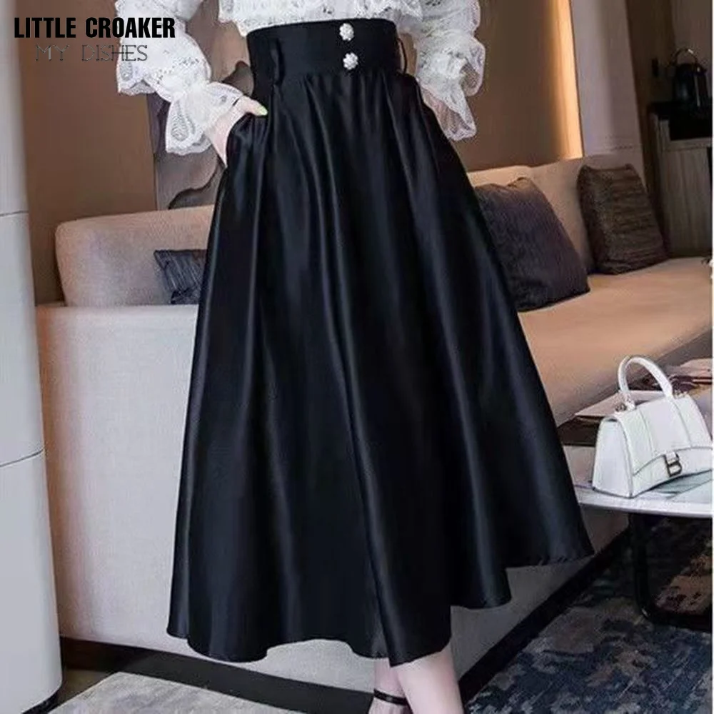 

Vintage High Waist Pleated Long Black Skirt Women Women Fashion Loose Casual Midi Skirts Clothes Autumn Winter 2022