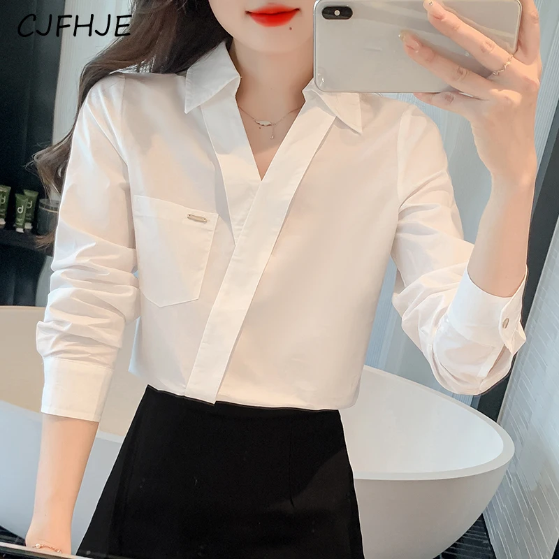 CJFHJE Новинка весны Женская Асимметричная белая рубашка с V-образным вырезом