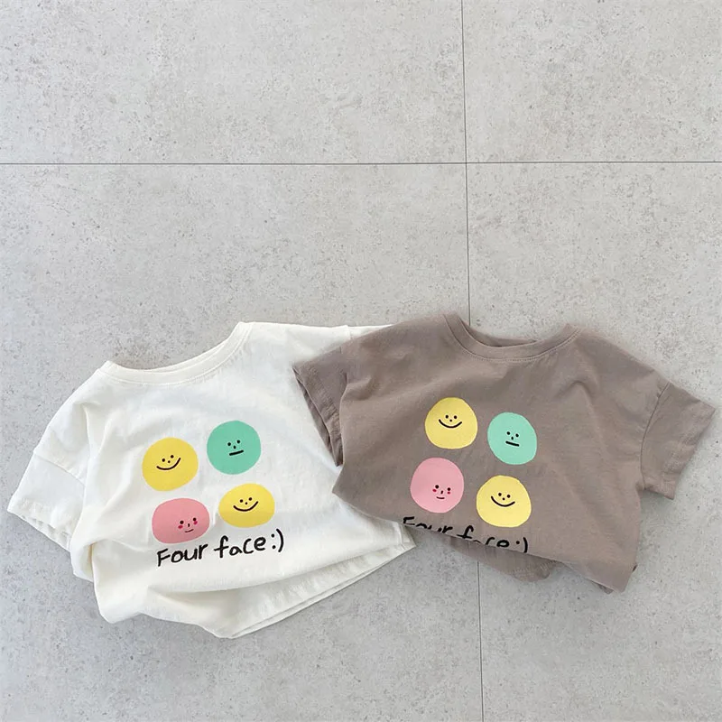 

Baby Summer Smiling Face Print T-shirt Infant Girls Fashion Versatile High Quality Tops Toddler Boys Cotton Pullover Tshirt