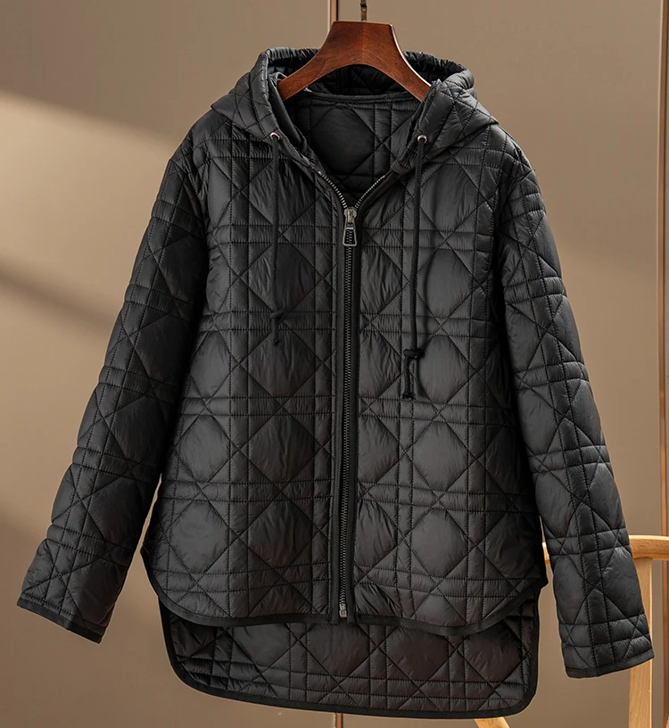 Design Asymmetry Parkas Thin Hood Cotton  Casual  Spliced  Autumn/Winter  Asymmetric Length  Zipper  Winter Coat Women