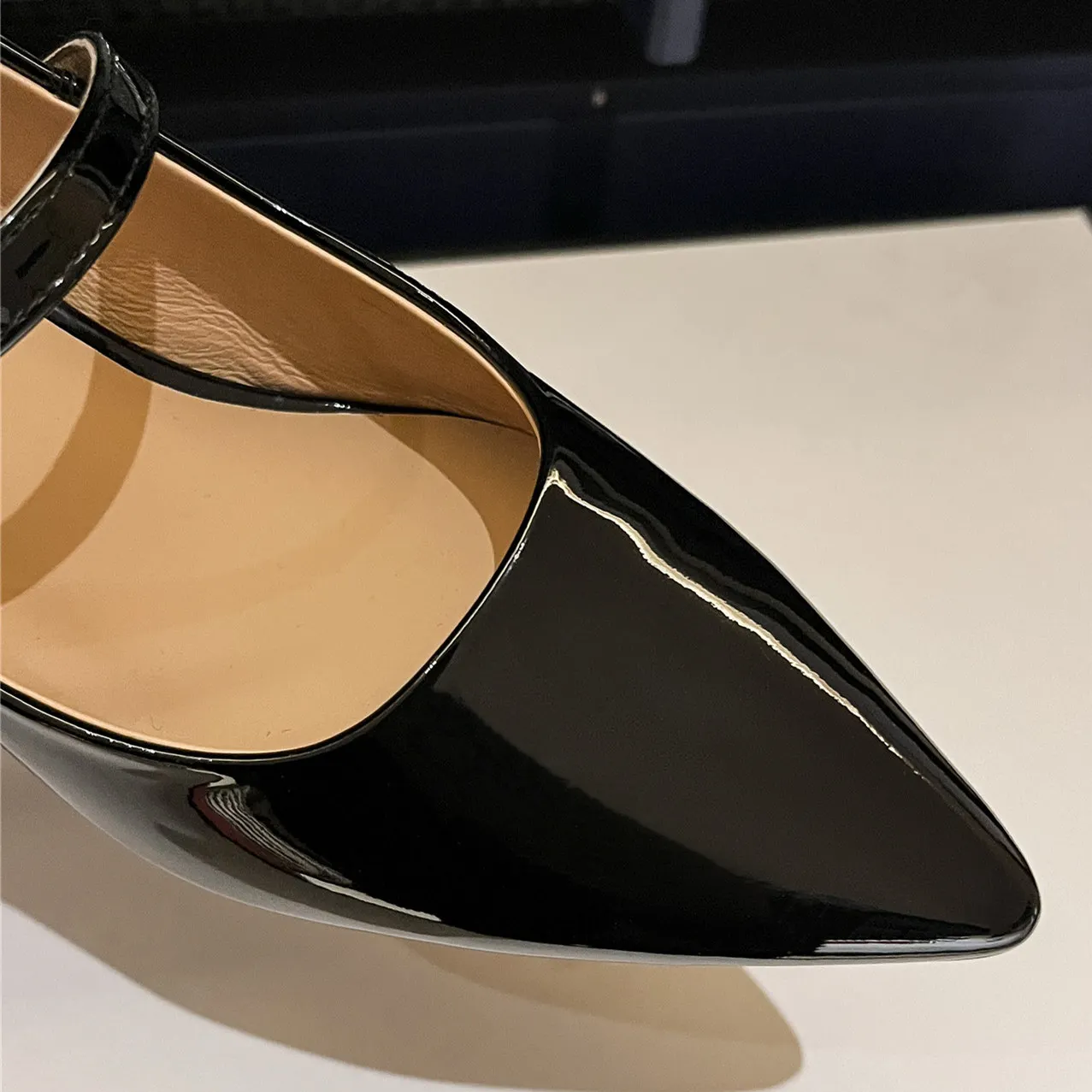 Women Patent Leather Pumps Mary Janes Pointed Toe Thin Med Heels Wedding Spring Autumn Sexy Handmade Shoes Extra Big Size 46 47