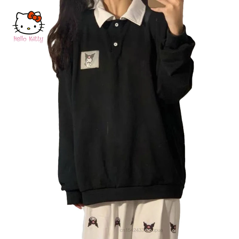 

Мультяшные Sanrio Kuromi Cinnamoroll рубашки поло женские футболки с длинным рукавом Одежда кавайные Топы в студенческом стиле свободные футболки подарок для девушки