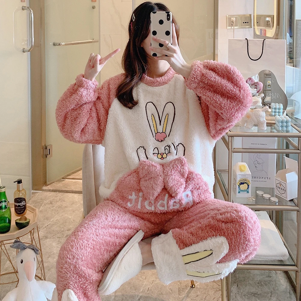 Cute Thick Warm Pajamas Sets Womens Girls Sweet Pink Rabbit Coral Fleece Sleepwear Winter Kawaii Home Clothes Pyjamas Suit 2PCS