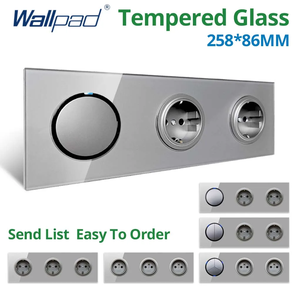 

Wallpad Grey Triple Glass Panel 1 2 3 4 Gang 2 Way Wall Light Switch LED Indicator and EU Electric Socket Outlet 258*86mm