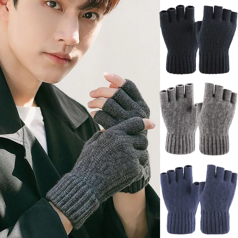 

Half Fingerless Winter Gloves for Men Solid Color Thicken Warm Cashmere Glove Outdoor Thickening Riding Leaking Fingers Gloves