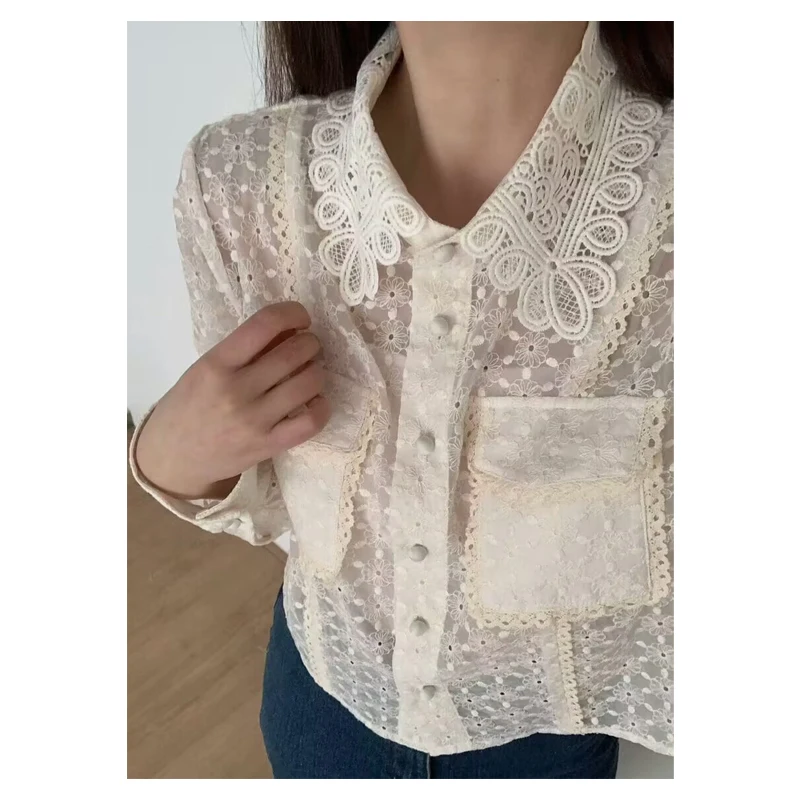 Neploe винтажная темпераментная кружевная рубашка с вышивкой весна-осень 2022