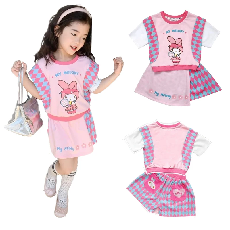 

Костюм для девочек Kawaii Sanrio My Melody милый детский летний мультяшный Свободный дышащий повседневный костюм детские штаны юбка комплект из двух предметов